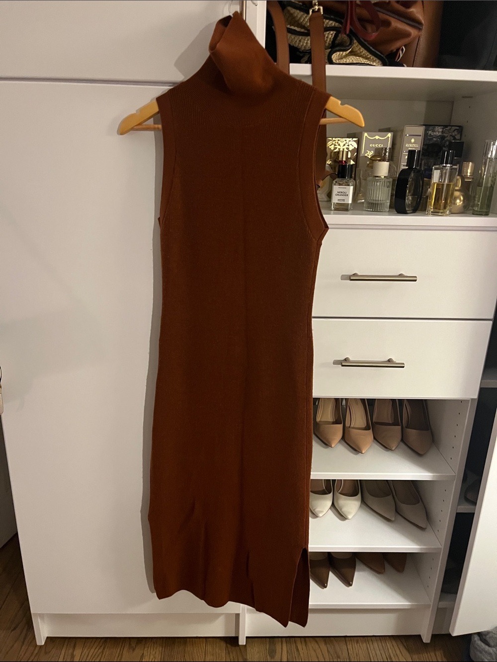 Sleeveless Turtleneck Knit Dress — Brown